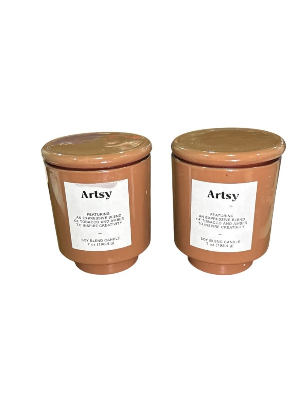 Artsy Soy Blend Candle Tobacco & Amber Scent 7oz Set Of 2 Lidded Jars